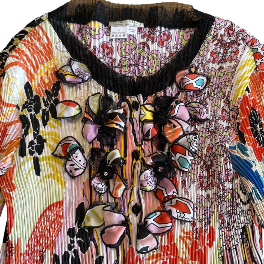 Alberto Makali‎ Y2K Pleated Floral Blouse Ruffle Neck Applique Art to Wear Sz L - Picture 5 of 8